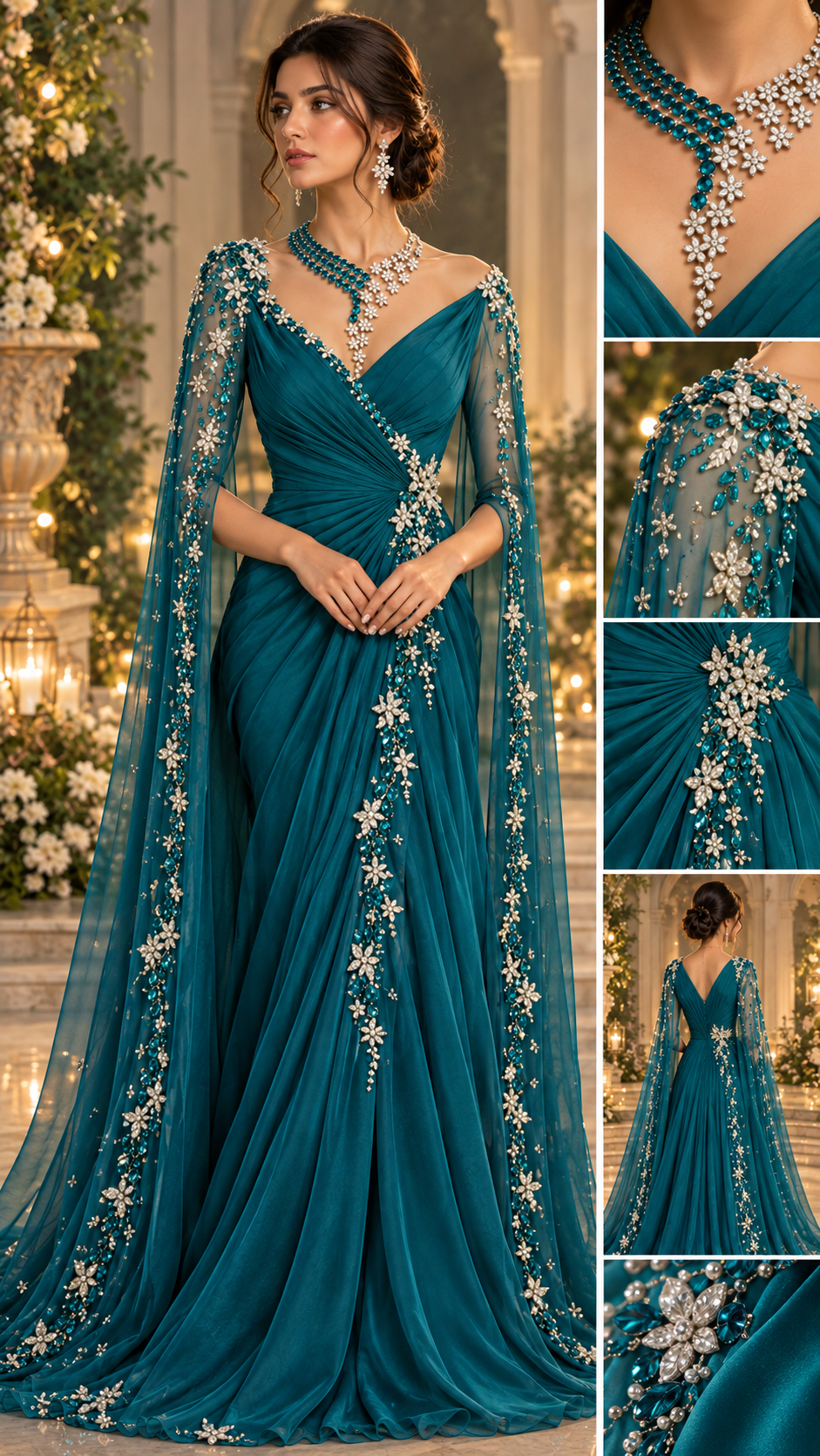 Teal Crystal Cascade Evening Gown — view 1